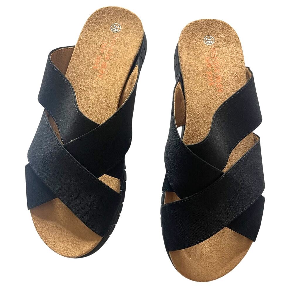Bernie Mev Sandal Slide Slip-On Women 7/38 Black Crisscross Resort Casual NWOB